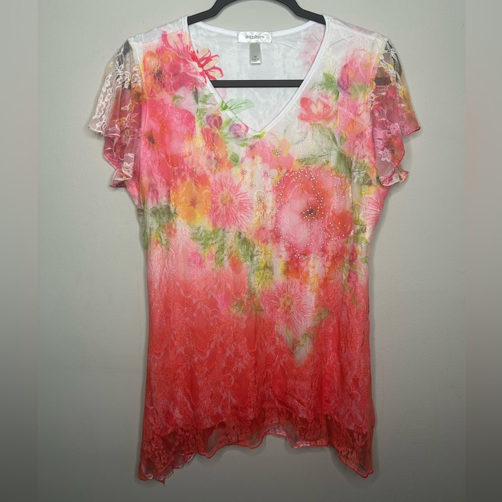 Y2K Lace Rhinestone Colorful Hi-Low V Neck Lined Floral Pink Coral Women’s Top M